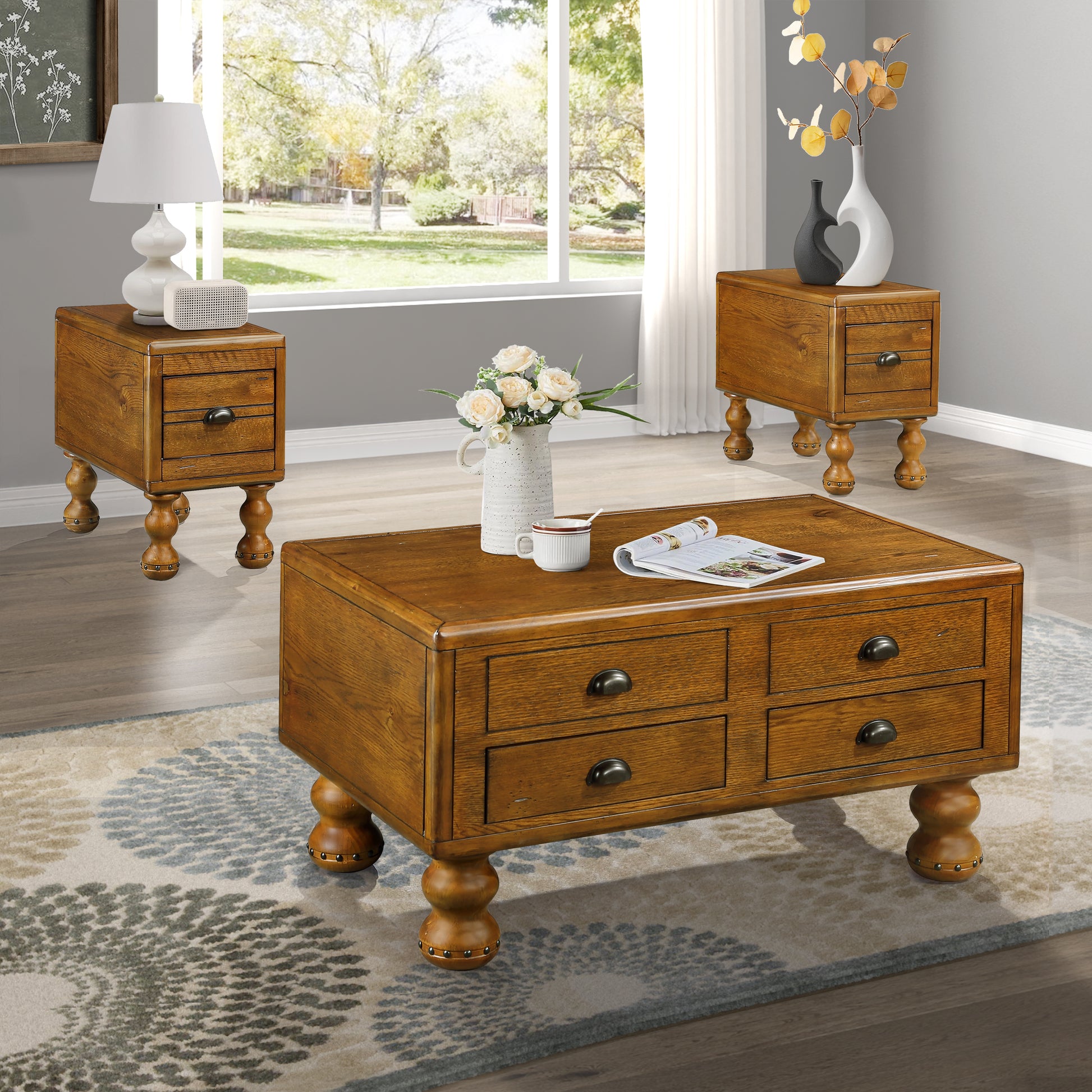 Rectangle Living Room Coffee Table Set, 3 Piece Solid Wood Living Room Table Set, 1 Coffee Table And 2 End Table, Wood Center Table Tea Table Set With Rivet Decoration Legs.Antique Brown Antique Brown Pine