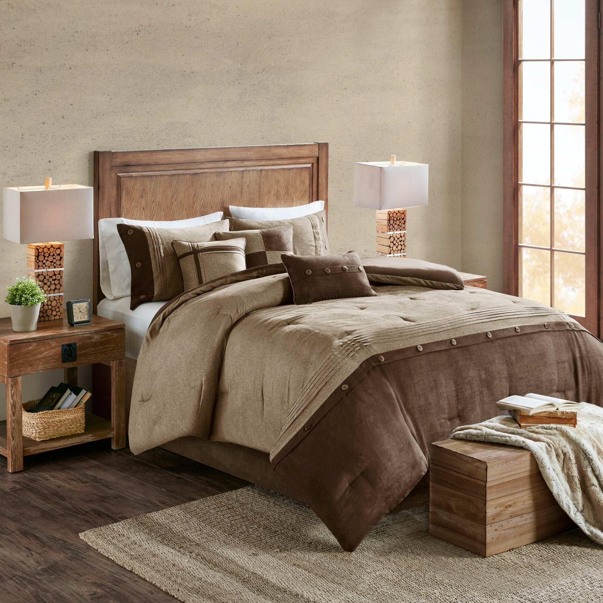 7 Piece Faux Suede Comforter Set Brown Queen Queen Brown Polyester