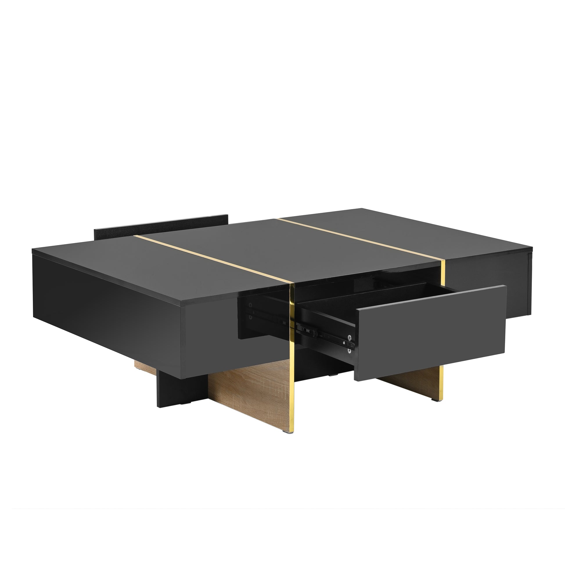 47.2'' X 31.4''Minimalist High Gloss Coffee Table With 2 Drawers, Multi Storage Rectangle Sofa Table With Golden Wood Grain Legs, Modern Center Table For Living Room, Black Black Particle Board Mdf