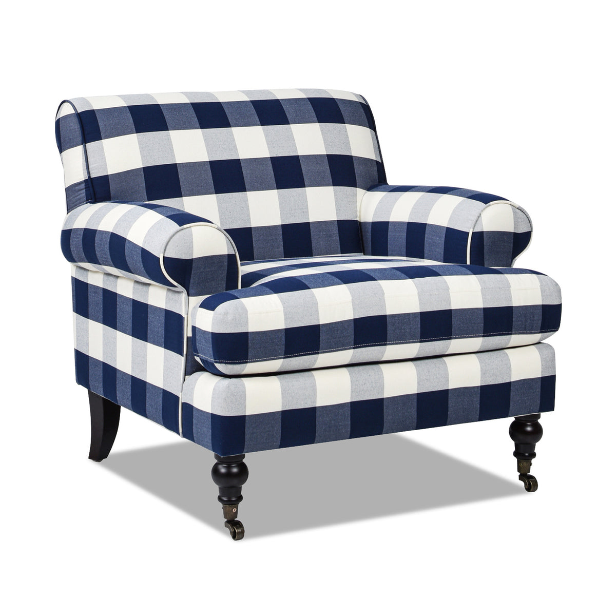 Alana 38" Lawson Accent Arm Chair Metal Casters, Blue Lattice Woven Blue Plaid Foam Fabric