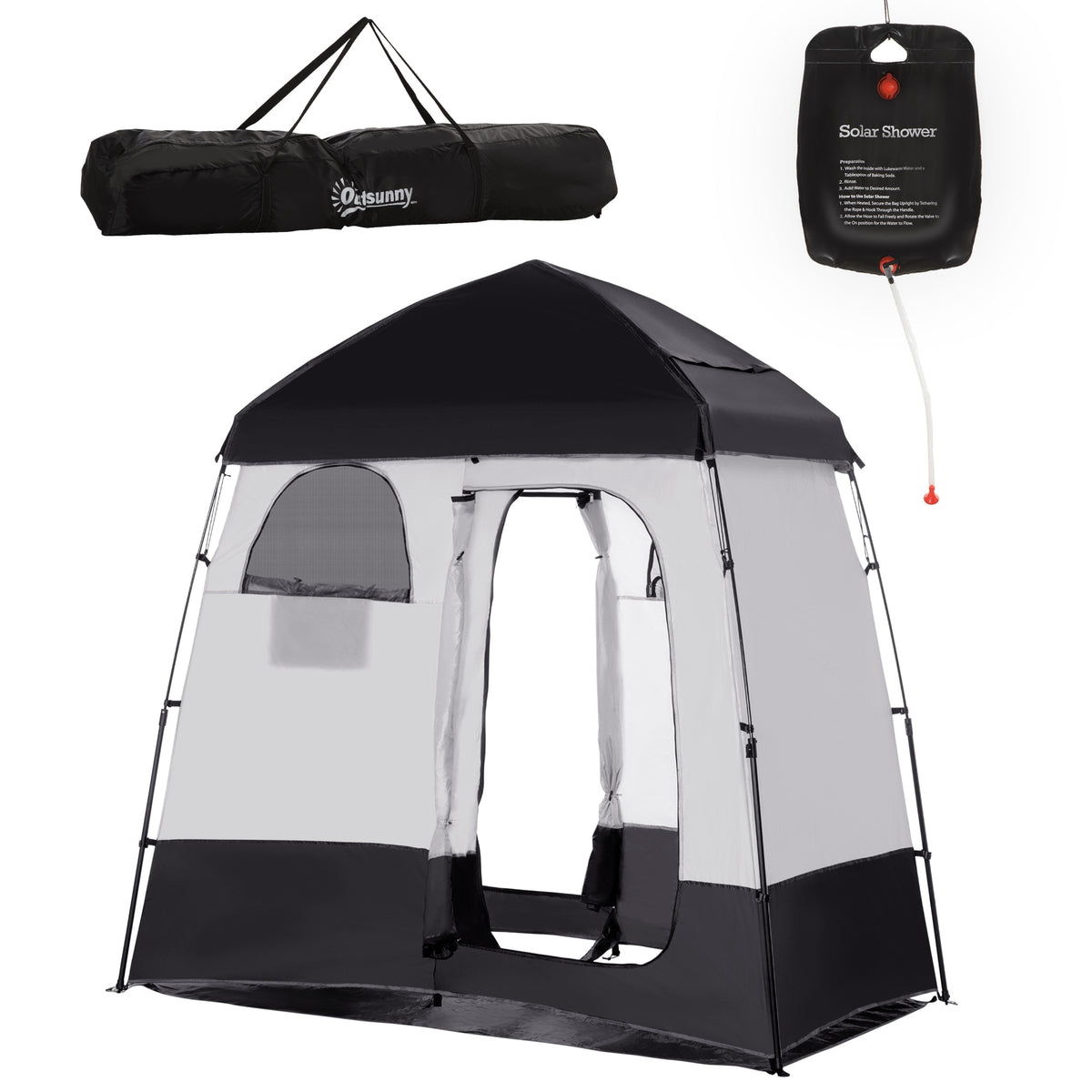 Outsunny Shower Tent, Pop Up Privacy Shelter For Camping, Dressing Changing Room, Portable Instant Outdoor Shower Tent Enclosure W 2 Rooms, Shower Bag, Floor And Carrying Bag, Black Black Taffeta