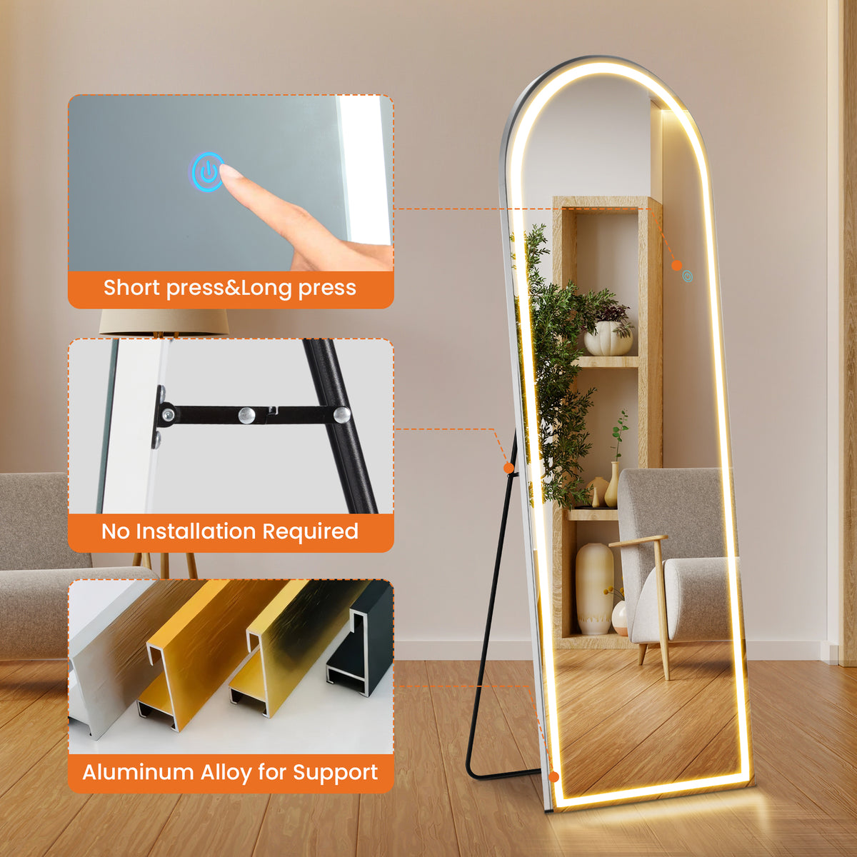 3 Color Lighting Mirror With Led Lights, 63"X20" Lighted Floor Standing Mirror With Stand Black Fiberglass