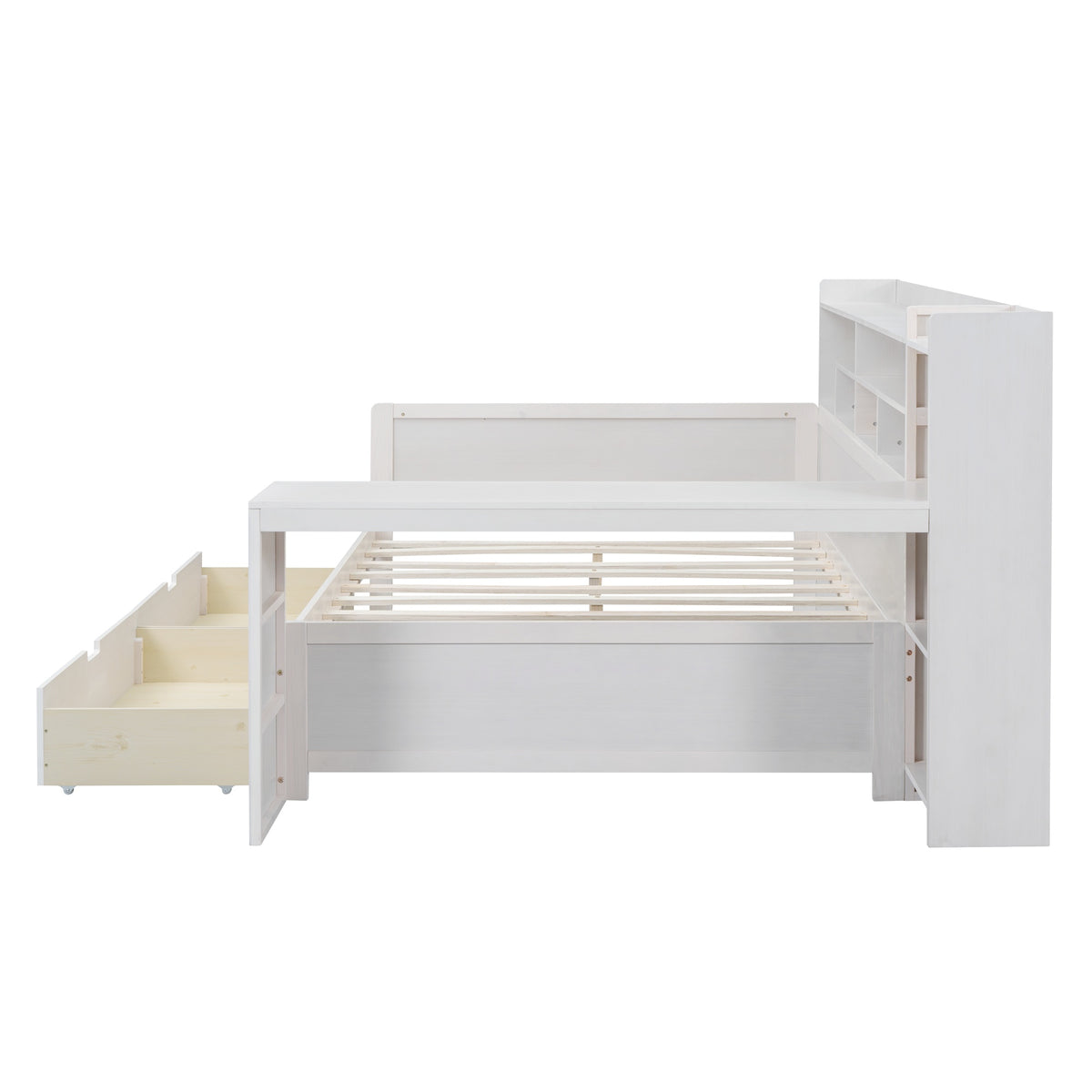 Wooden Full Size Daybed With Storage Shelves, Multi Functional Bed With Two Storage Drawers And Study Desk, Antique White Old Sku: Hl000089Aak Full Antique White Wood