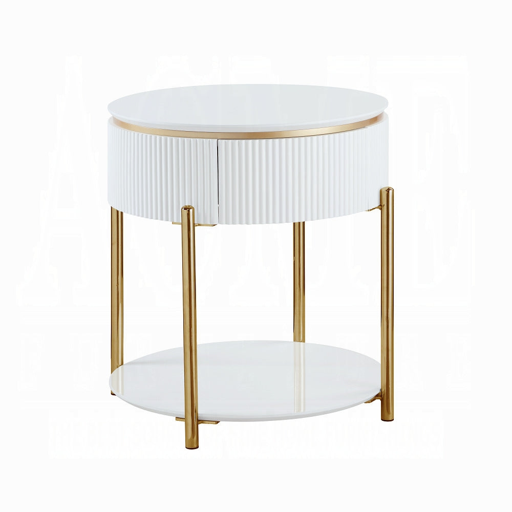 White High Gloss And Gold End Table With Metal Leg White Gold Primary Living Space Drawers Rectangular Wood Metal