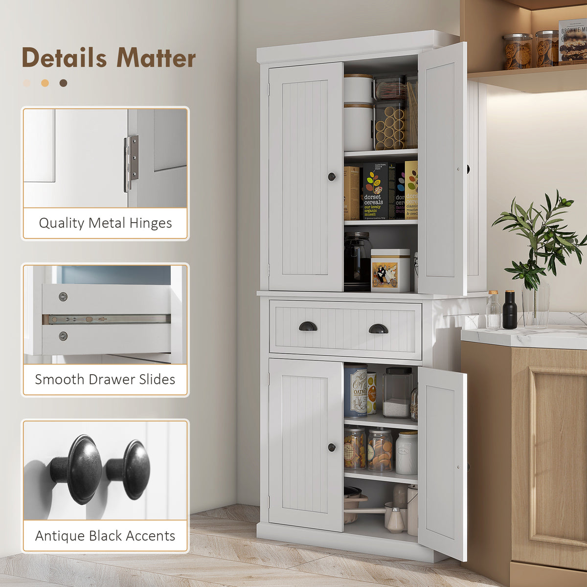 Homcom 72" Kitchen Pantry, Tall Storage Cabinet, Freestanding Cupboard With Drawer, Doors And Adjustable Shelves, White White Mdf