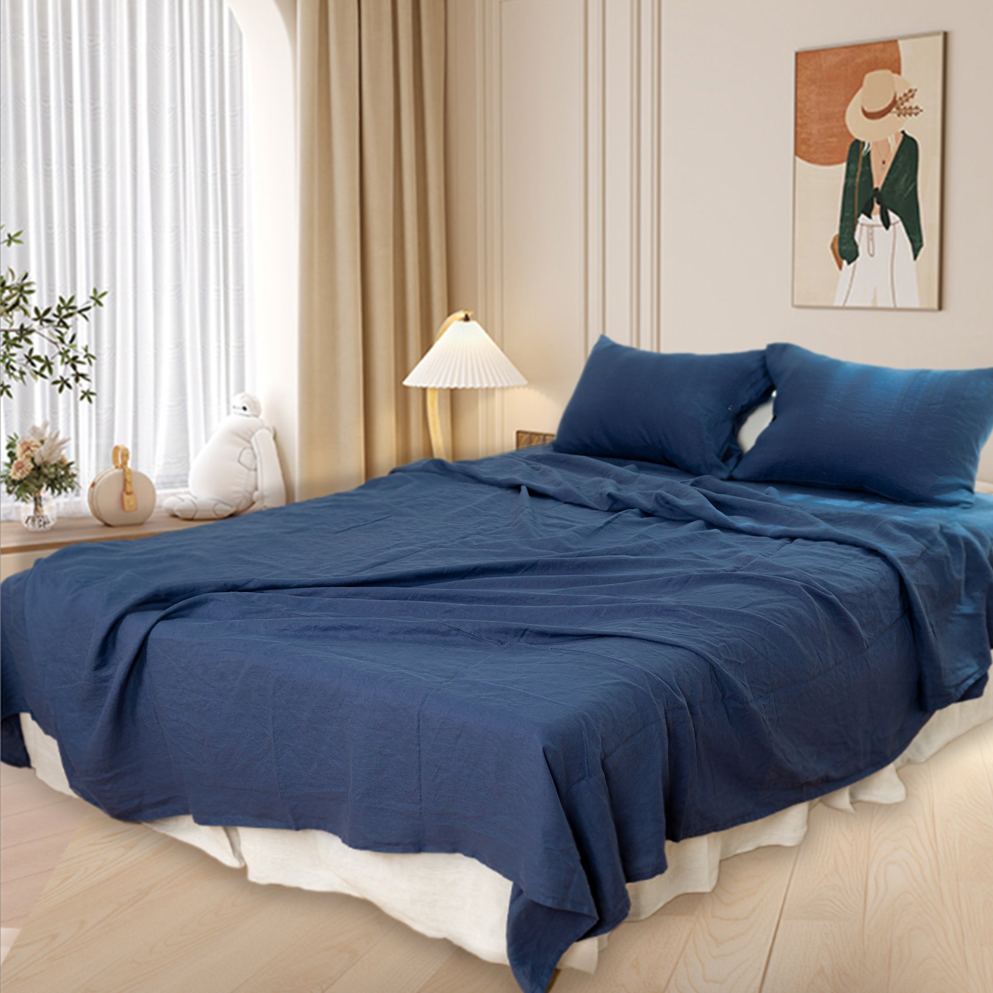 Luxury Full Queen Flat Sheet 1 Pc, Bed Sheets Queen Size, Hotel Sheets, Soft Linen Sheets,& Fade Resistant Full Size Bed Sheets Navy Linen