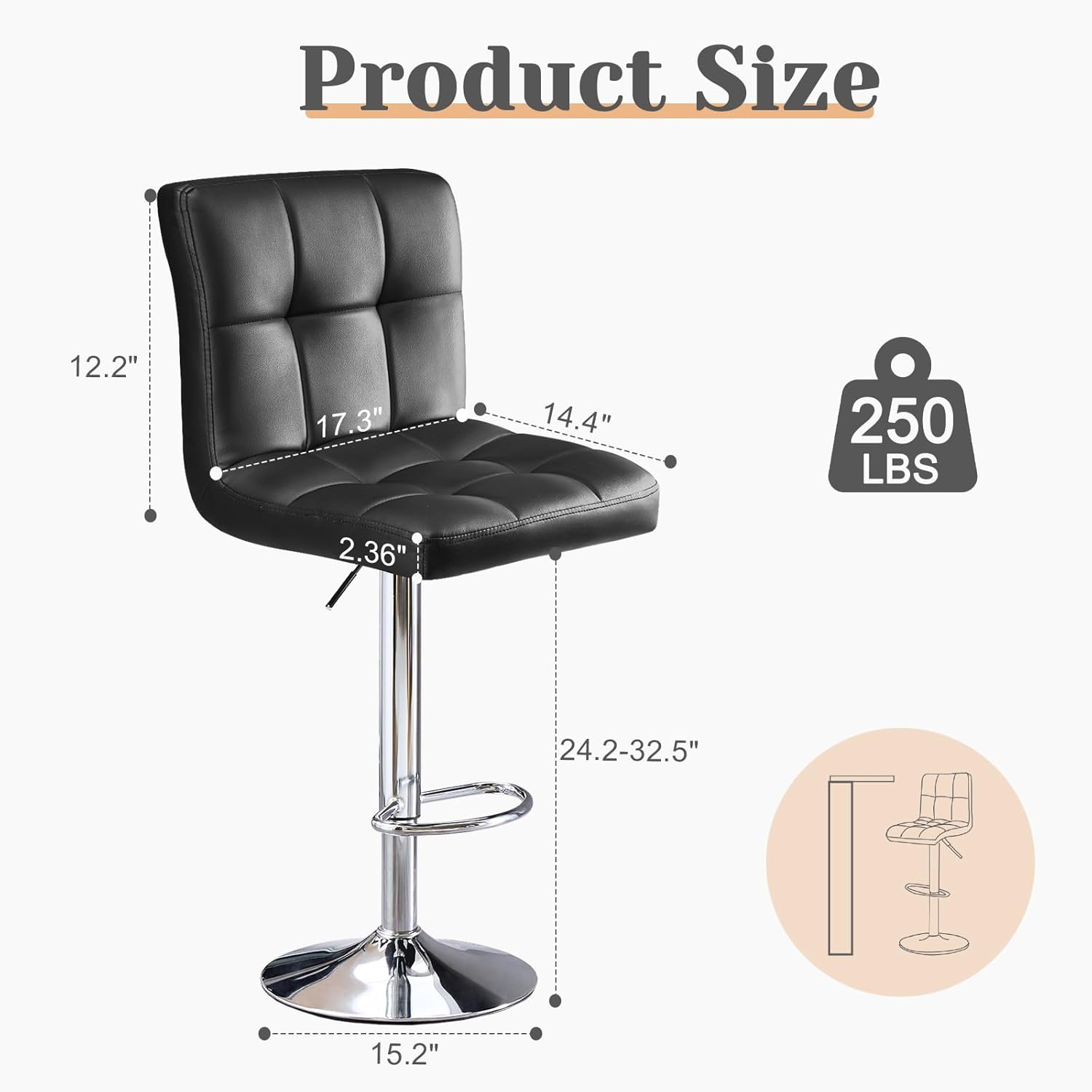 Bar Stools Set Of 2, Pu Leather Adjustable Swivel Barstools, Armless Adjustable Kitchen Counter Height Bar Stools, Thickened Seat Cushion Square Island Chairs With Back, Black Black Metal