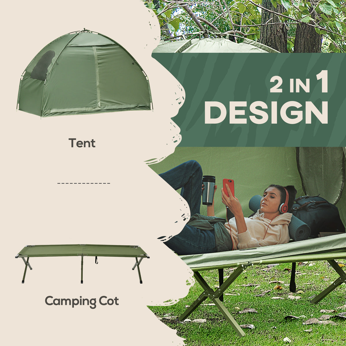 Outsunny Camping Tent Cot, Single Person Folding Cot Combo, Off Ground Tent, Covered Outdoor Bed With Carry Bag For Hiking, Camping Green Polyester