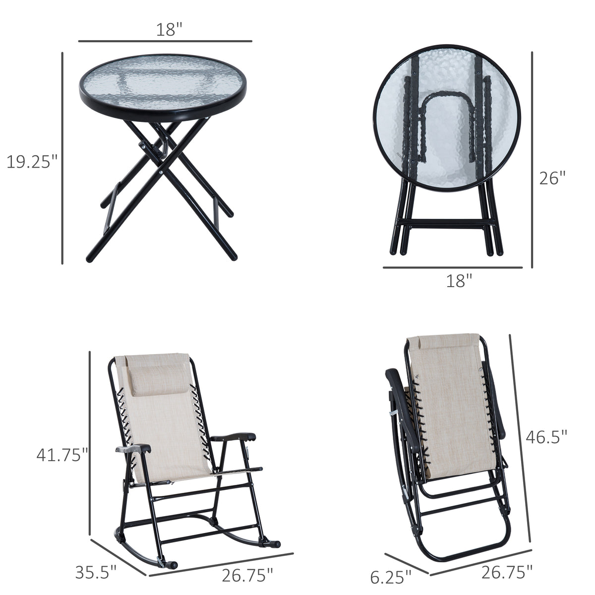 Outsunny 3 Piece Outdoor Rocking Chair Set, Patio Folding Lawn Rocker Set With Glass Coffee Table, Headrests For Yard, Patio, Deck, Backyard, Cream White Cream White Fabric