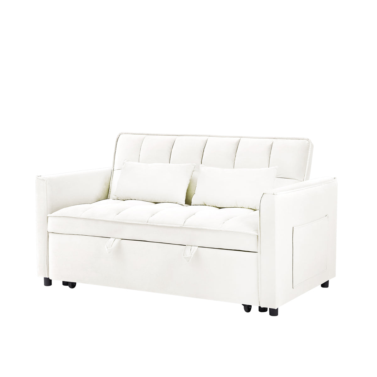 55.1 Inch 3 In 1 Convertible Sofa Bed, Modern Velvet Double Sofa Futon Sofa Bed With Adjustable Back, Storage Bag And Pillow, For Living Room, Bedroom Off White Light Brown Wood Primary Living Space Medium Duty Eucalyptus 2 Seat Beige White Velvet Soft