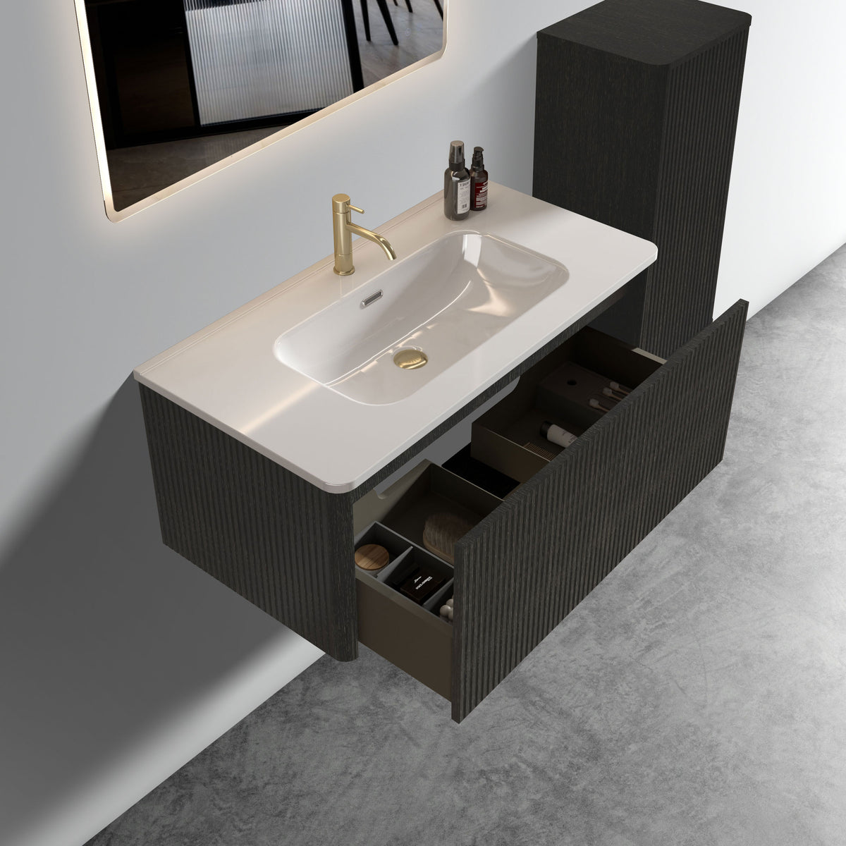 U058 Etna36W 308 Etna 36" Striped Brushed Black Oak Floating Bathroom Vanity With White Ceramic Sink, Bathroom Vanity For Modern Bathroom, Pre Assembled Black Melamine
