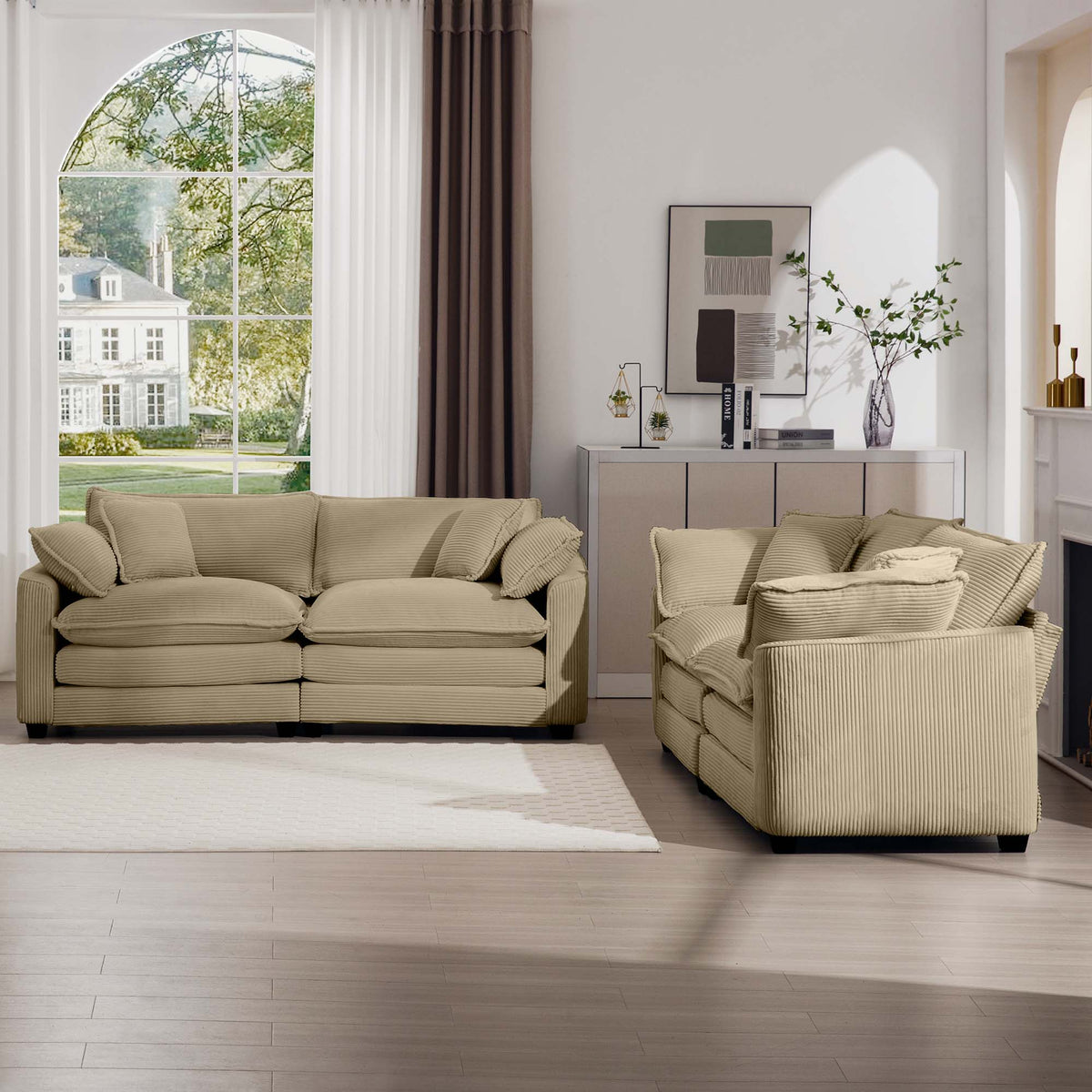 Modern Fabric Living Room Sofa Two Piece Set, Two 2 Seater Sofas With 8 Cushion Upholstery Large Deep Seat Recliner, Tan Corduroy Fabric Tan Corduroy 4 Seat