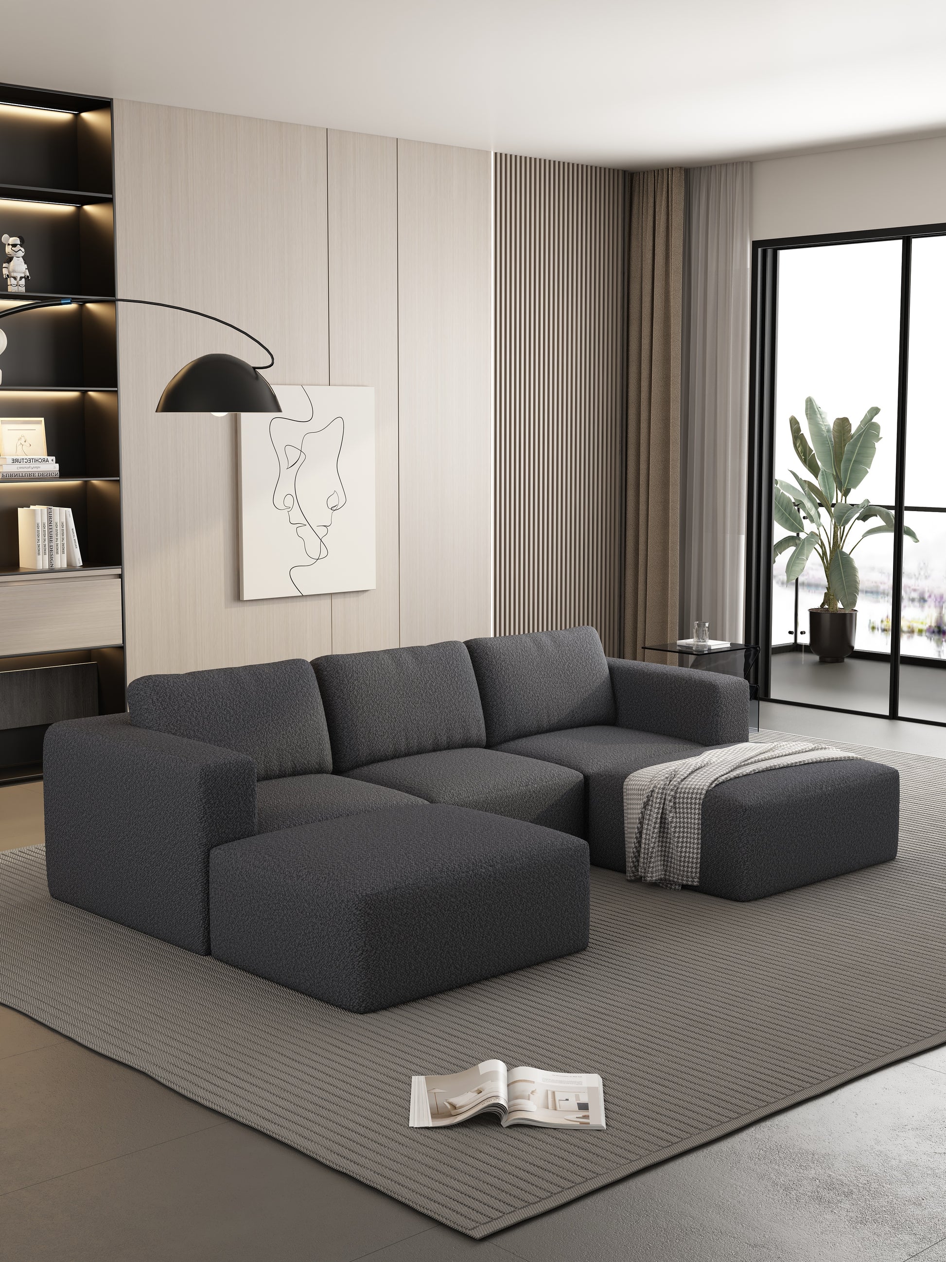 104.32*66.92 Modular Sectional Sofa Sleeper Couch, Sectional Sofa With Chaise And Ottoman, Convertible U Shaped Modular Sofa Set. Compressed Sponge, Dark Grey. Combo A 2B 2D Dark Grey Primary Living Space Soft Minimalist,Modern Foam Spring 5 Seat