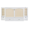 Queen Size Murphy Bed Wall Bed With Drawer And Rattan Decoration With 2 Storage Cabinets, One Set Of Sockets & Usb Ports, Pulley Structure Design, White Queen White Plywood