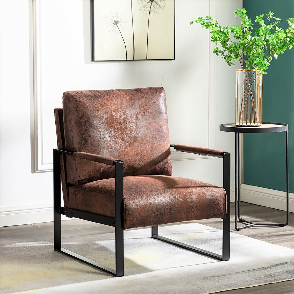 Classic Mid Century Modern Accent Chair With Durable Square Metal Frame, Armchair For Living Room, Bedroom, Home Office In Spotted Microfiber Upholstery, Brown Brown Microfiber
