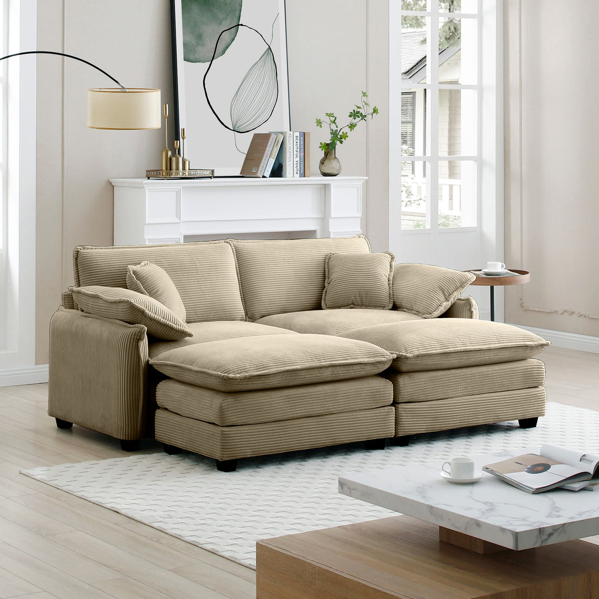 Two Seater Theater Sofa With 2 Footrest, 2 Seater Sofa With Ottoman For Small Living Spaces,Tan Corduroy Tan Corduroy 2 Seat