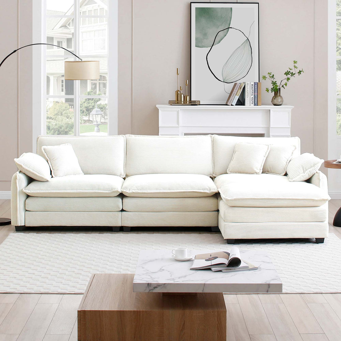 Oversize 3 Seater Sofa With One Footrest, L Shaped Sectional Sofa With Ottoman For Living Rooms, White Corduroy Sofa White Corduroy 3 Seat