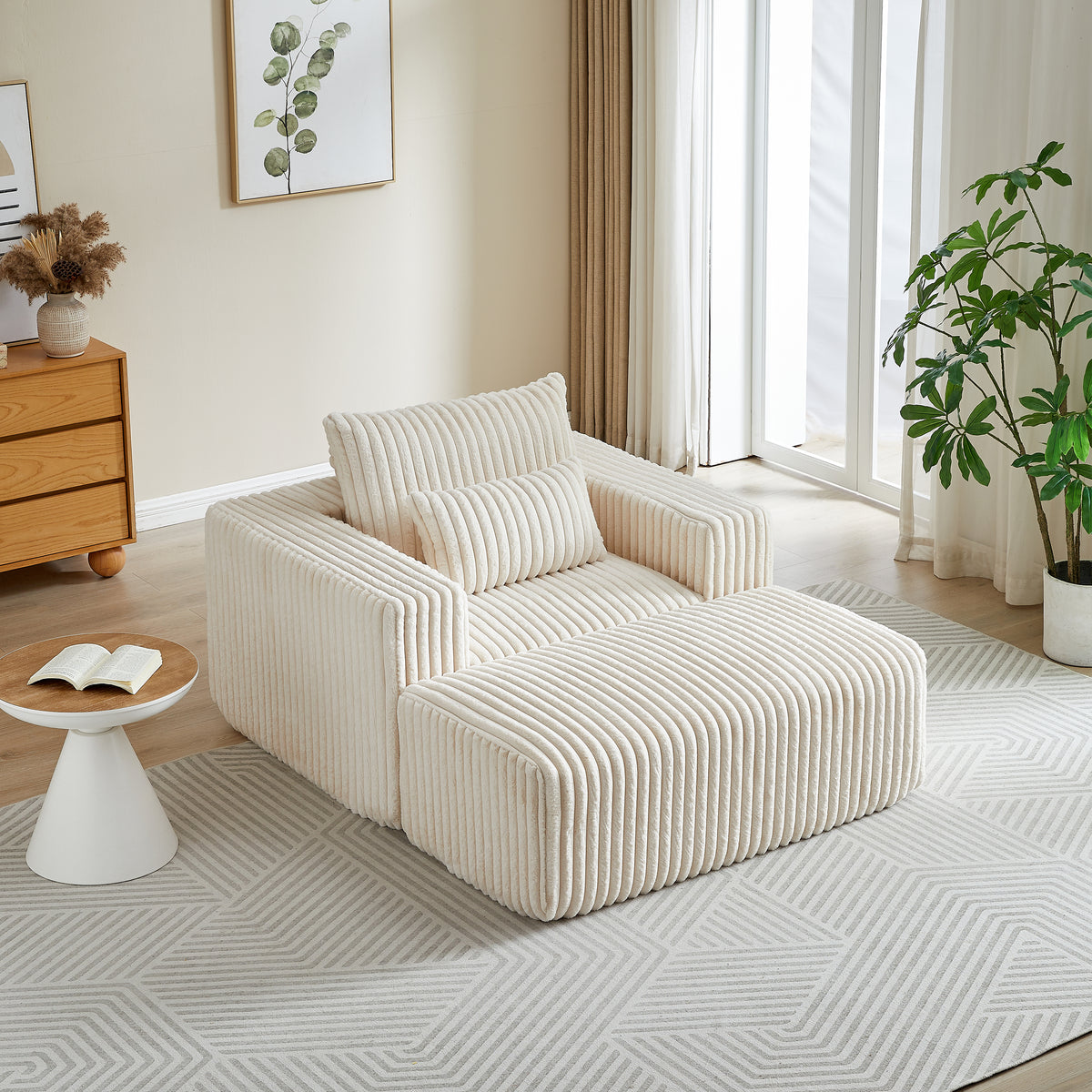 62.5 Inch Corduroy Sponge Sofa Lounge Chair With Removable Footrest,No Assembly Required,Fluffy Modern Sleeper Chair For Indoor Living Room Bedroom Beige Foam Corduroy 1 Seat