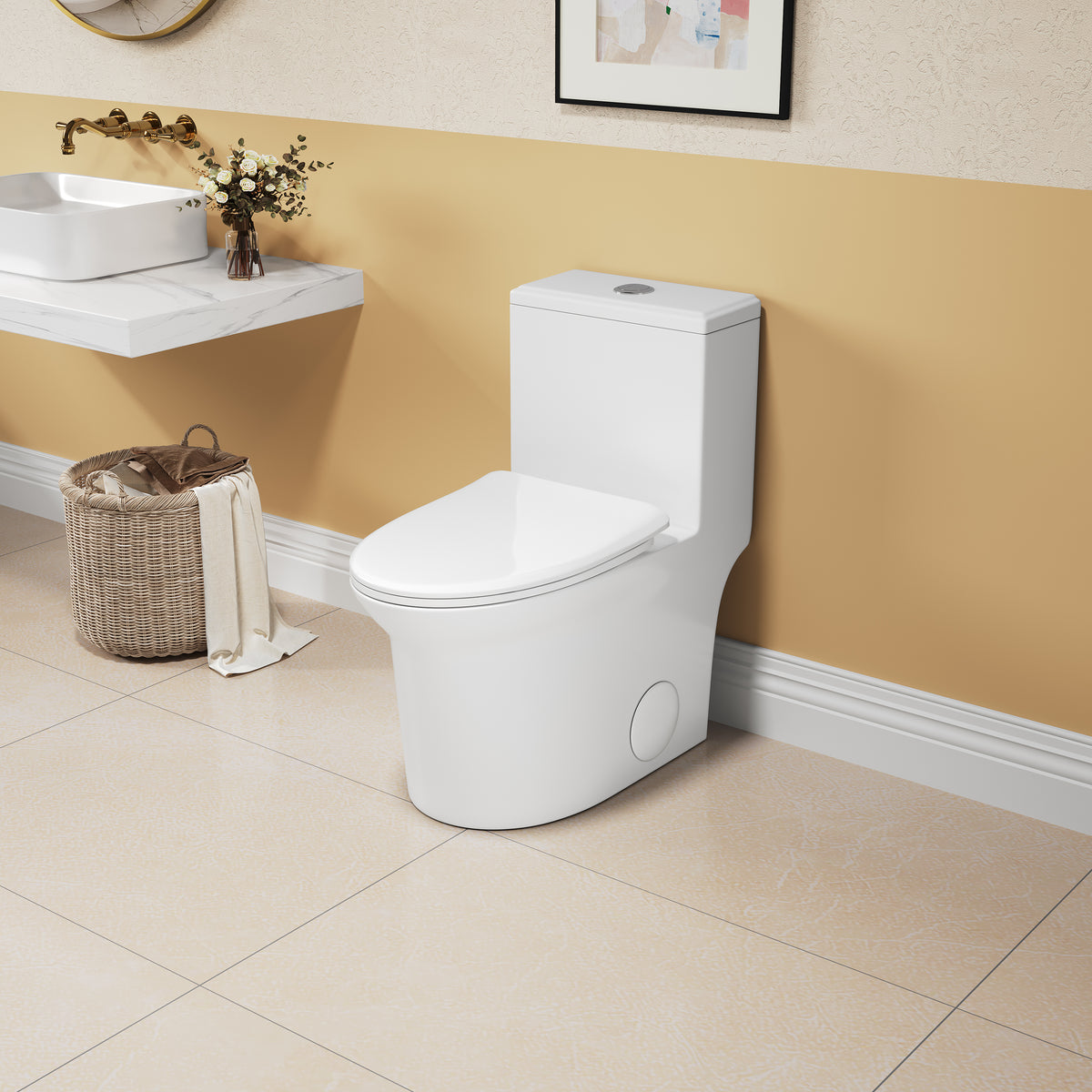 1.1 1.6 Gpf Elongated Comfort Height Super Quite Flushing Floor Mounted One Piece Toilet, Cupc Certified, Watersense Cetified, Ceramic, White Color, Soft Close Seat White Ceramic
