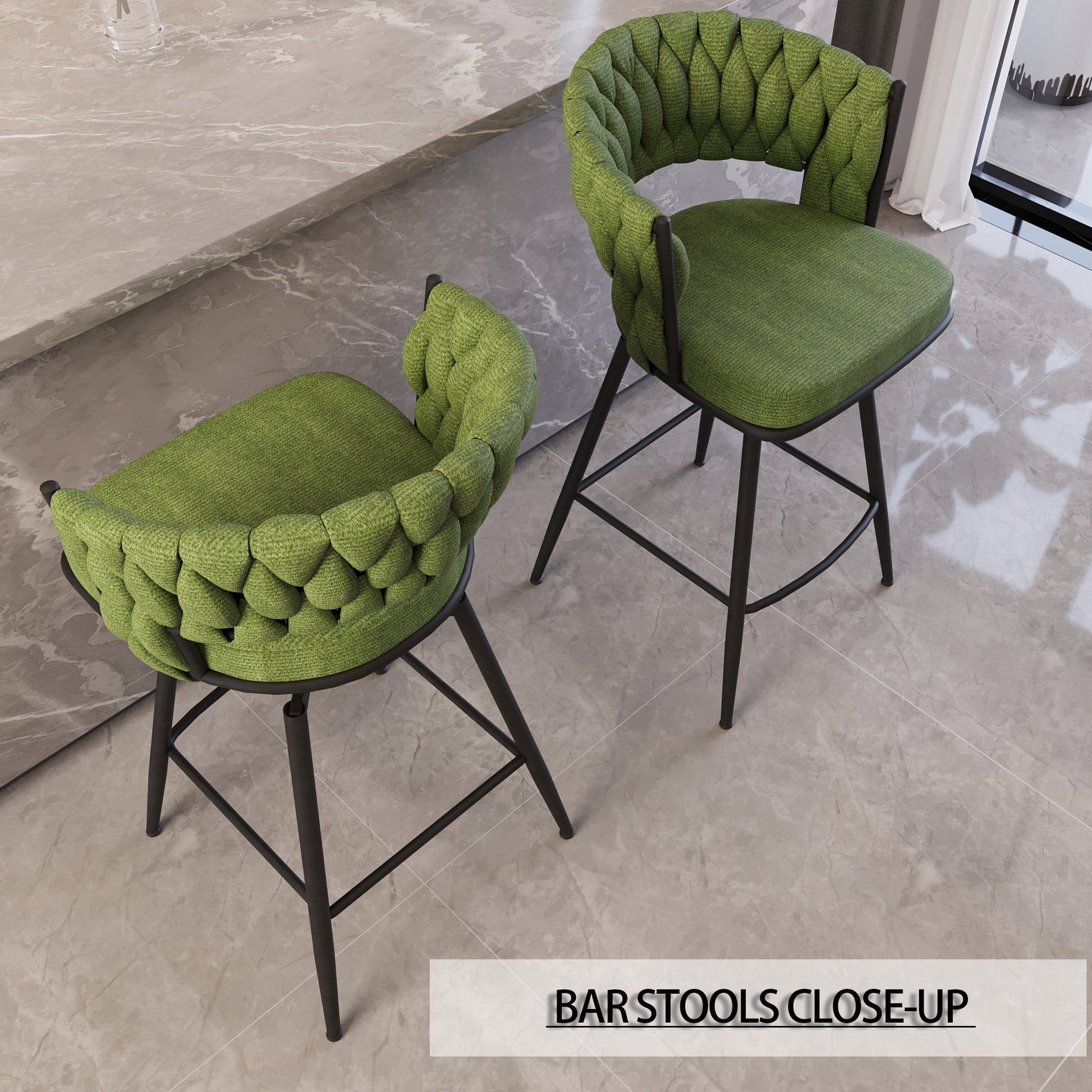 Bar Chair Linen Woven Bar Stool Set Of 2,Black Legs Barstools No Adjustable Kitchen Island Chairs,360 Swivel Bar Stools Upholstered Bar Chair Counter Stool Arm Chairs With Back Footrest, Green Metal Green Kitchen Dining Chairs Foam Linen