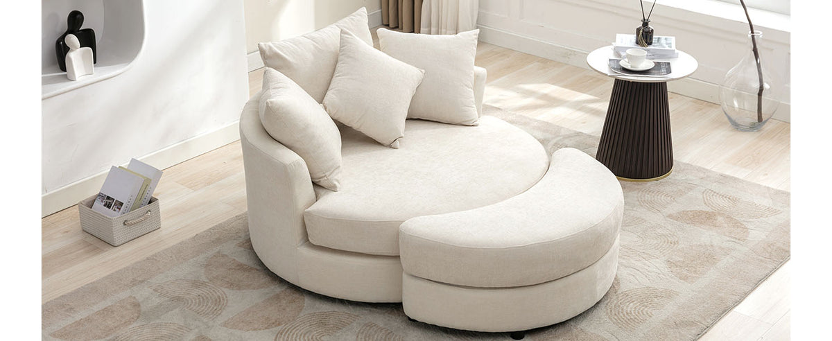 Orisfur. 360 Swivel Accent Barrel Chair With Storage Ottoman & 4 Pillows, Modern Chenille Leisure Chair Round Accent For Living Room, Cream Cream Foam Chenille
