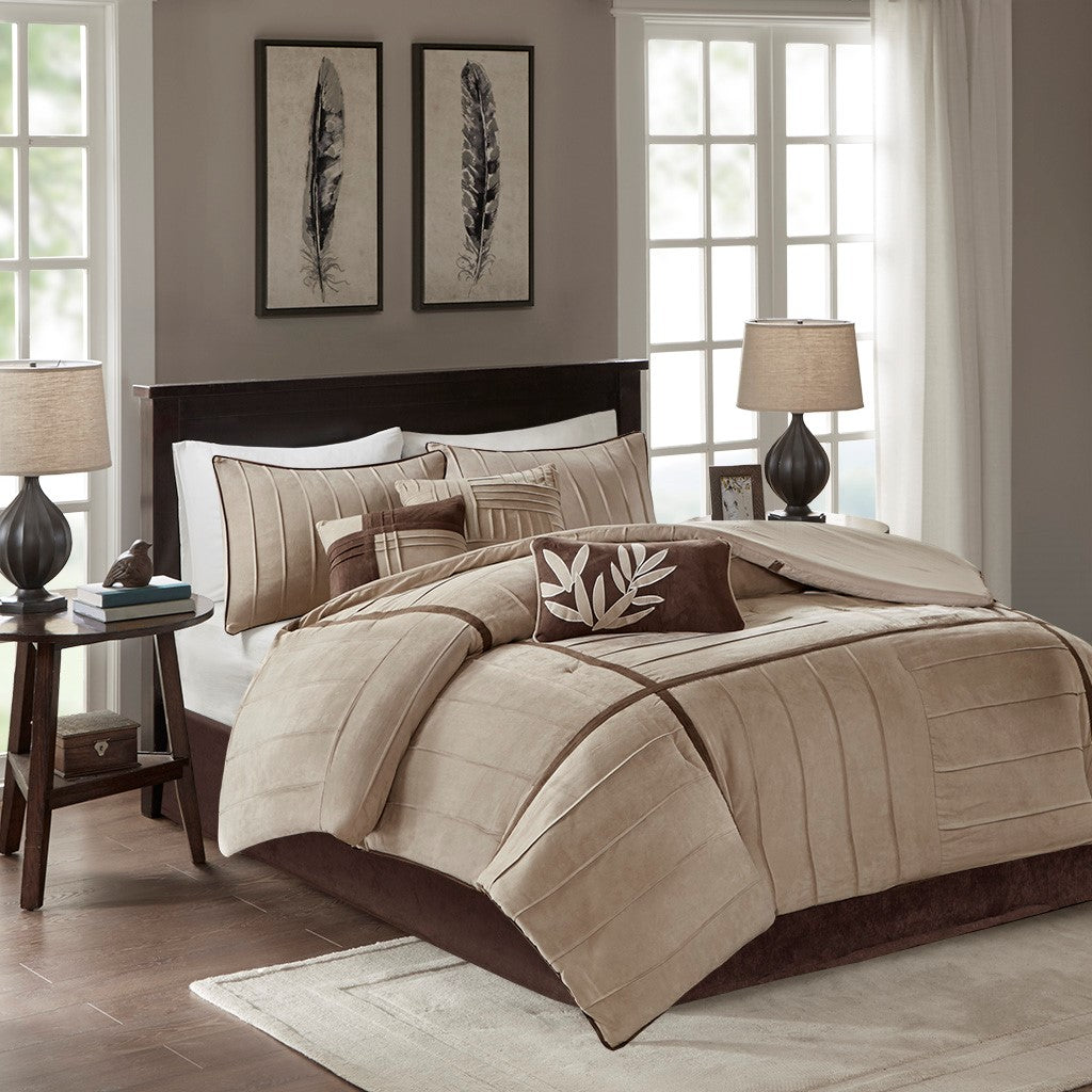 7 Piece Faux Suede Comforter Set Beige Cal King California King Beige Polyester
