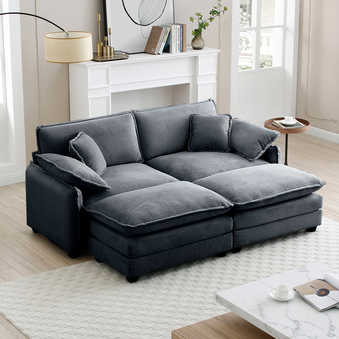 Two Seater Theater Sofa With 2 Footrest, 2 Seater Sofa With Ottoman For Small Living Spaces,Grey Corduroy Grey Corduroy 2 Seat