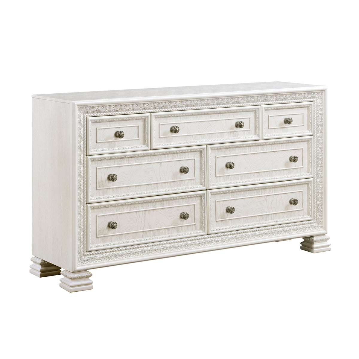 Classic Luxury Pearl White Finish Dresser Of 7X Drawers Wooden Bedroom Furniture 1Pc, Dart Molding Design White Wood
