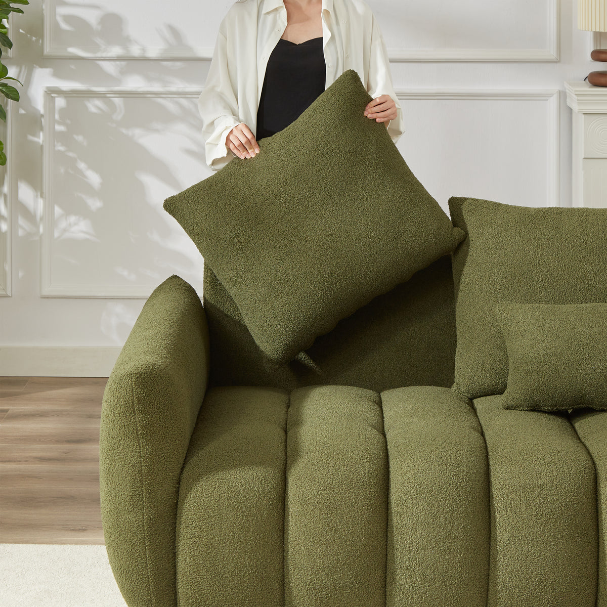 3 Seater 3 Seater Combo Sofa Modern Living Room Sofa, Teddy Sofa, Wooden Frame, 6 Cushions, Apartment Sofa Furniture Green Wood Primary Living Space Pine Foam Fabric 6 Seat