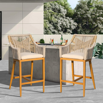 Bar Stools Set Of 2, Outdoor Counter Height Bar Chairs With Arm And Backrest, Aluminum Tall Bar Stools With Cushion Modern Textilene Rope Boho Barstools For Garden, Pool, Patio, Kitchen Square Backres Yes Khaki Garden & Outdoor 2 Person Seating Group