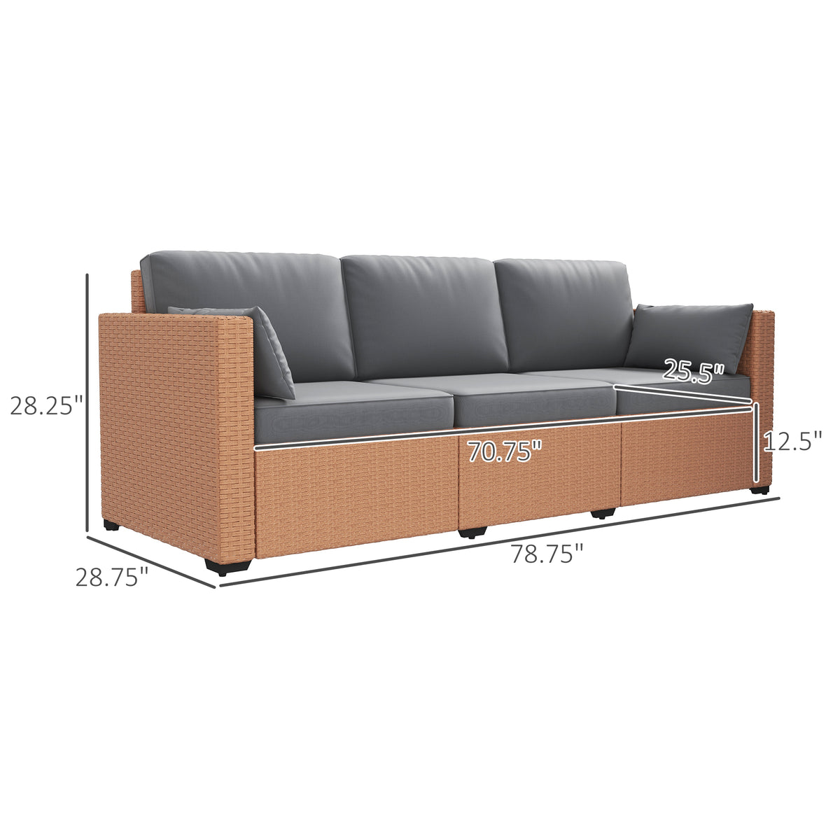Outsunny Wicker Patio Couch, Pe Rattan 3 Seat Sofa, Outdoor Furniture With Deep Seating, Cushions, Steel Frame, Sand Brown Steel