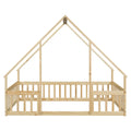 Full Wood House Shaped Floor Bed With Fence, Guardrails,Natural Full Natural American Design Pine