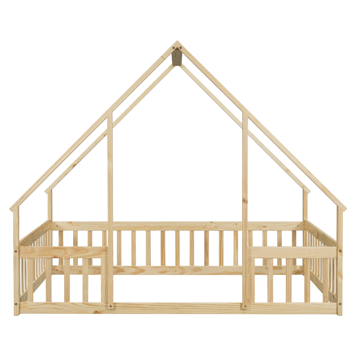 Full Wood House Shaped Floor Bed With Fence, Guardrails,Natural Full Natural American Design Pine