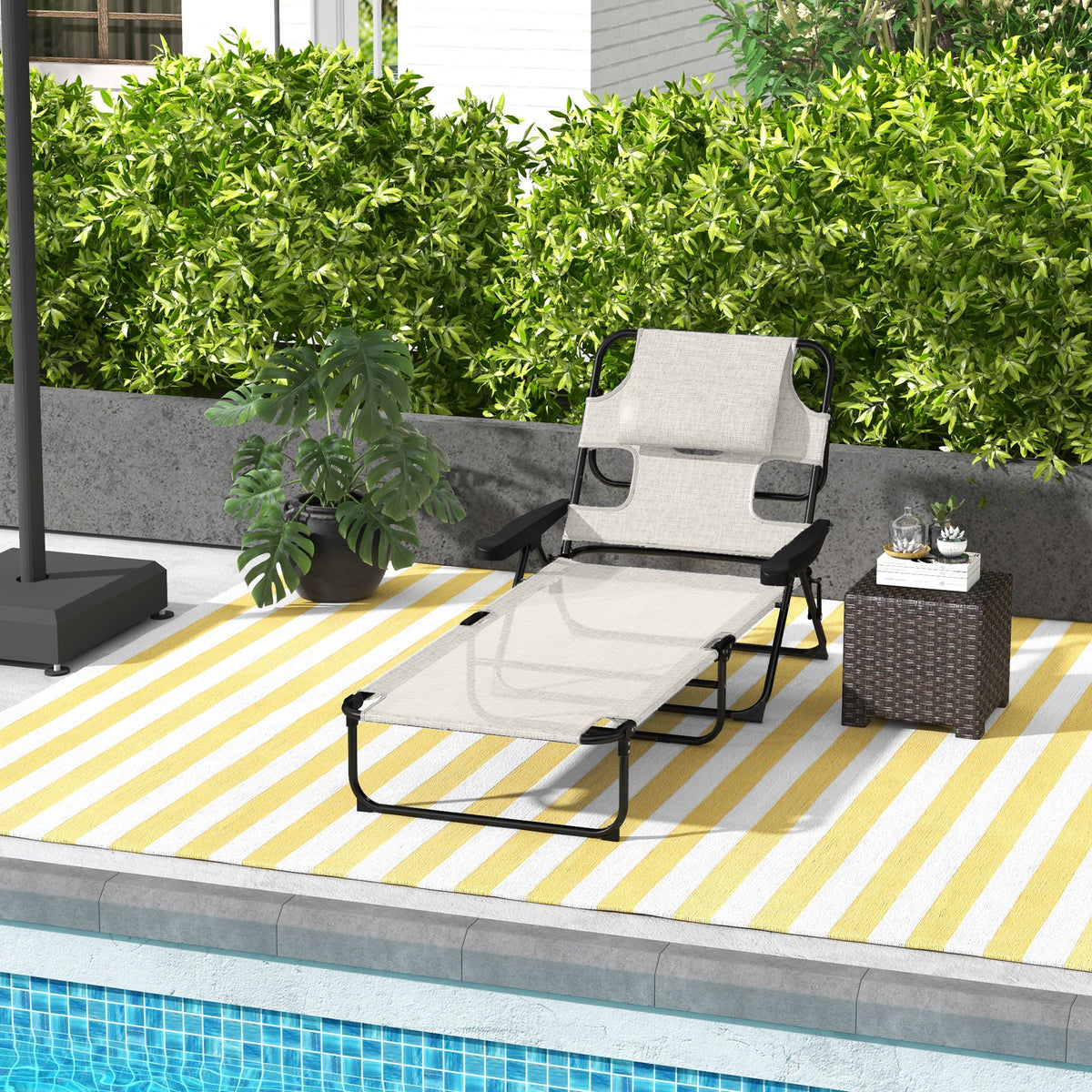 Outsunny Tanning Chaise Lounge Chair, 4 Position Beach Chair With Face & Arm Holes, Pillow Headrest, Adjustable Sunbathing Chair, Cream White Cream White Steel