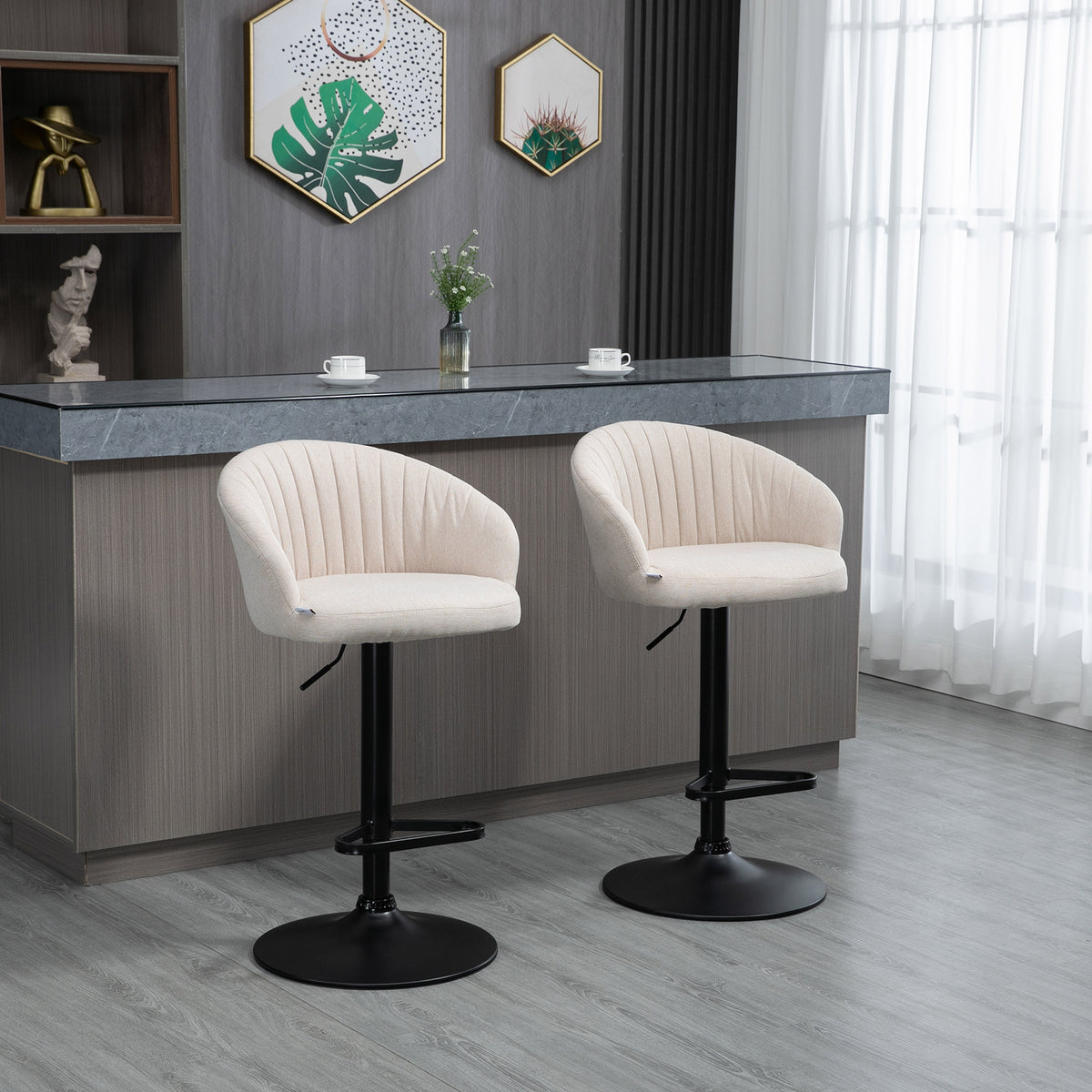 Homcom Adjustable Swivel Bar Stools Set Of 2, Linen Touch Fabric, Beige Beige Polyester