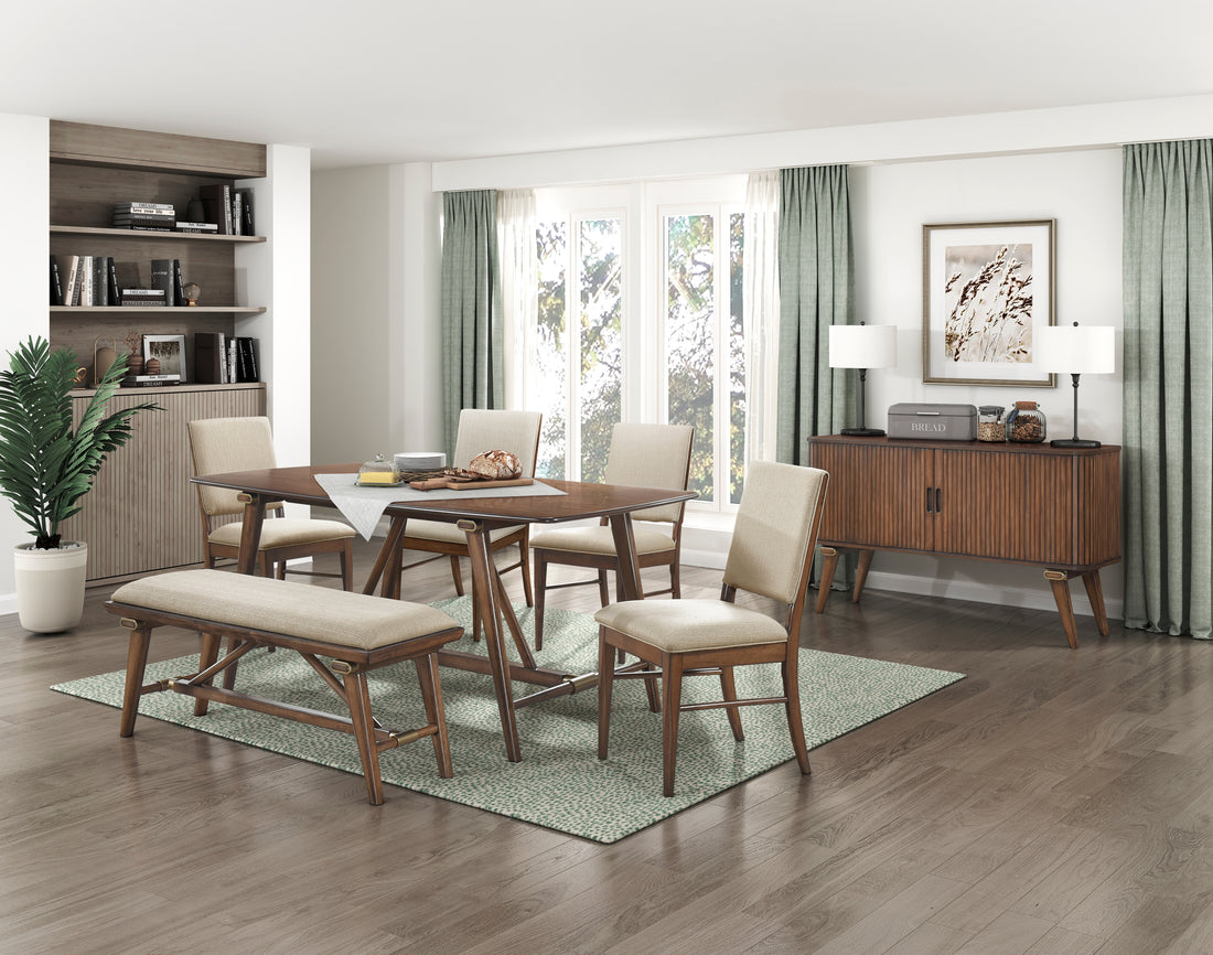 Modern Design 6Pc Dining Set Table Bench And 4X Side Chairs Fabric Upholstered Seat Brown Finish Wooden Dining Kitchen Furniture Brown Mix Seats 6 Dining Room Bench Seating Modern Dining Table With Chair And Bench Wood