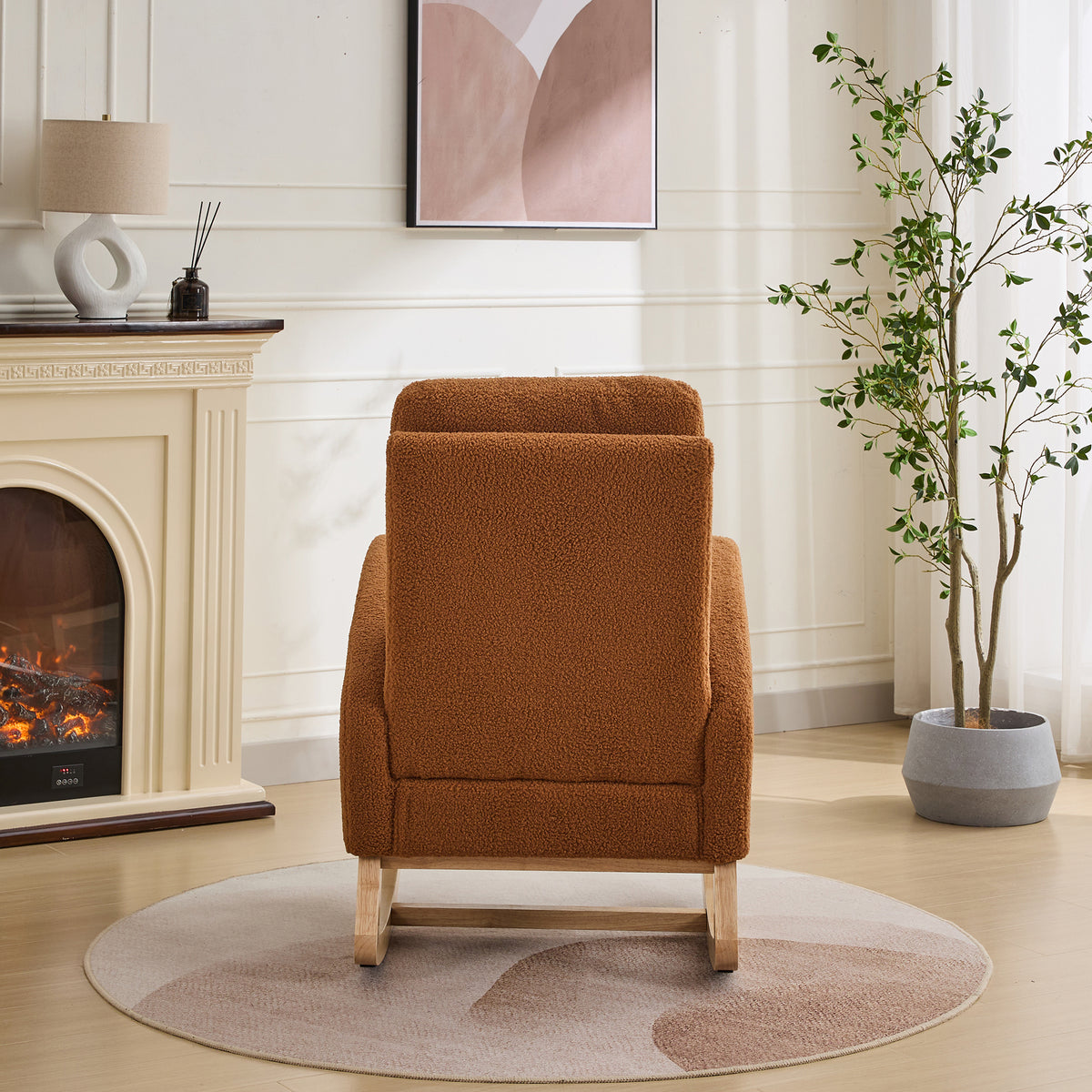 27.2"W Rocking Chair For Nursery, Sherpa Glider Chair With High Back And Side Pocket, Rocking Accent Armchair With Rubber Wood Legs For Living Room Bedroom.Caramel Caramel Sherpa