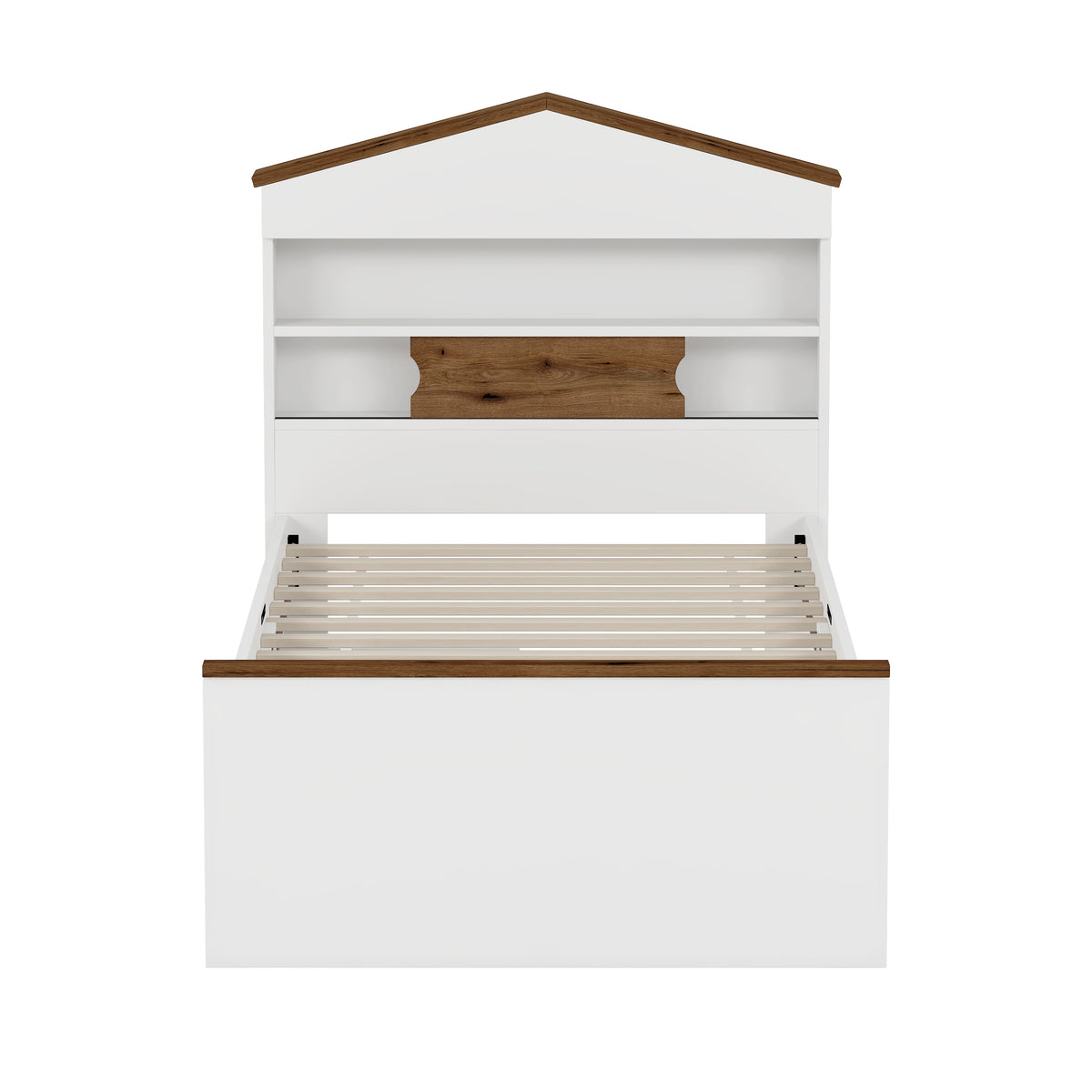 Twin Size House Shaped Wooden Bed With Storage Shelf On The Headboard, Built In Two Storage Drawers, Brown Brown White Wood