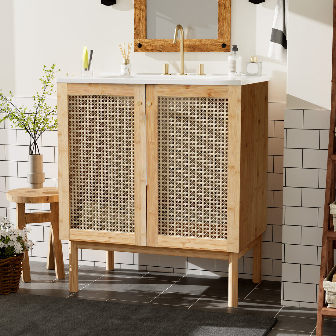 30 Inch Bathroom Vanity Crafted From Natural Materials, Featuring Handmade Rattan Doors And Soft Closing Mechanisms Wood Wood Rattan