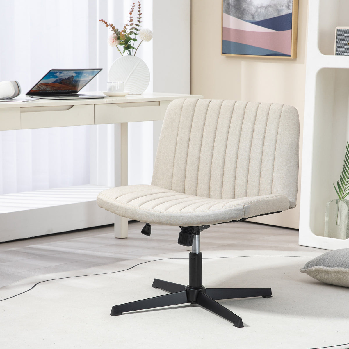 Homcom Wide Office Chair, Armless Office Desk Chair, Computer Fabric Vanity Chair With Adjustable Height, Beige Beige Polyester
