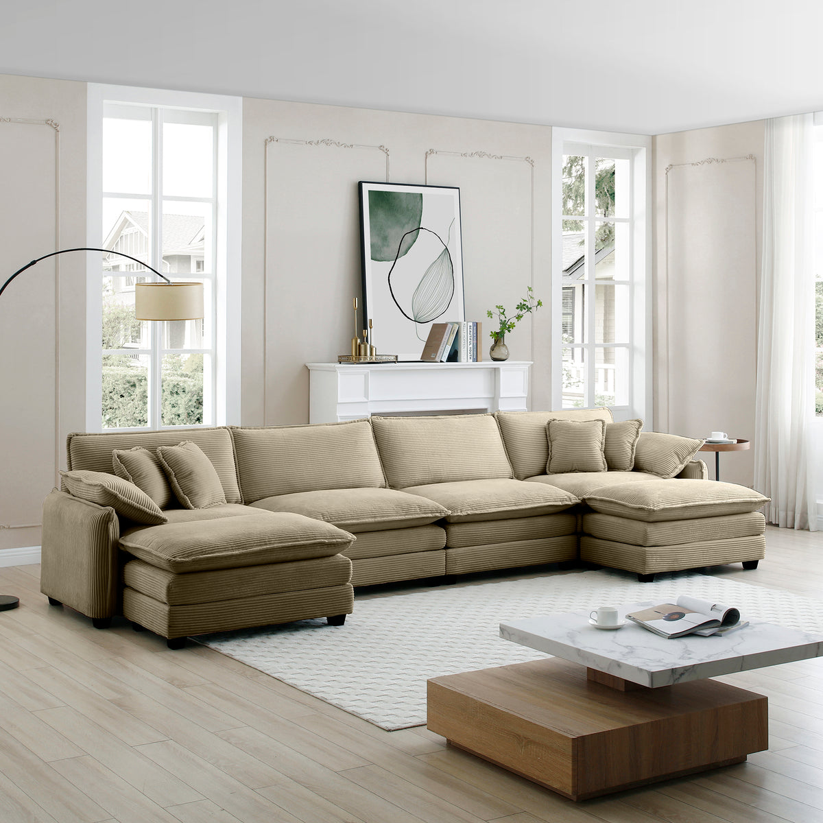 Over Size U Shape Corduroy Sofamodern Upholstered 4 Seater Sofa With 2 Ottomans, Premium Soft Corduroy Fabric Sofa Camel Corduroy 4 Seat