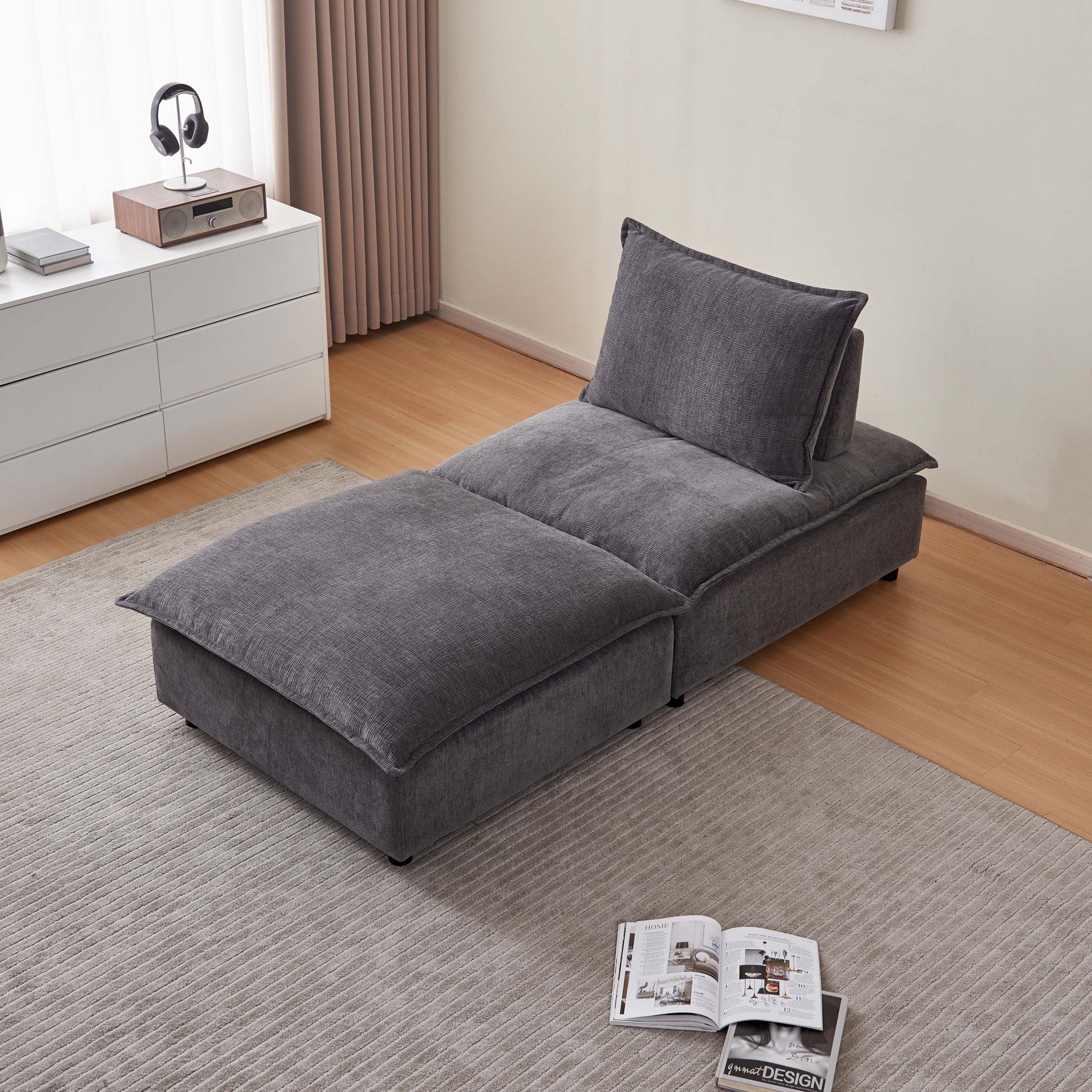 Modern Armless Accent Chair, Single Sofa Couch With Ottoman Compact Design, Space Saving Seating For Living Room, Bedroom, Apartment, Office Gray Wood Medium Soft Foam Chenille 1 Seat