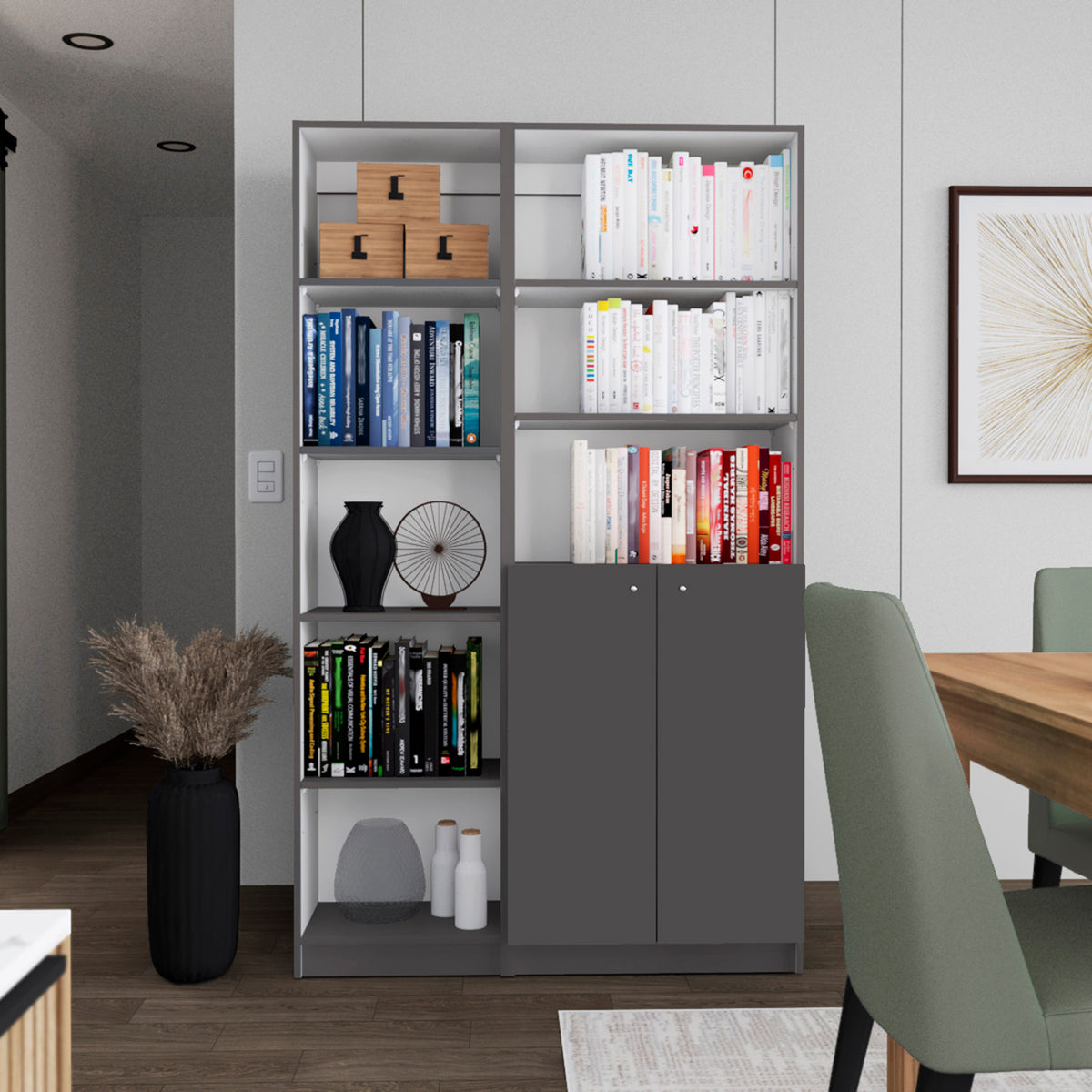 Micco 2 Piece 2 Piece Home Bookcase Set, 42" Wide With 8 Shelves And Double Door Cabinet, Living Room Set Matte Gray White Freestanding 5 Or More Shelves Multicolor Modern Particle Board