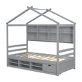 Twin House Bed With Roof Frame, Bedside Shelves, Under Bed Storage Unit,Grey Twin Grey American Design Pine