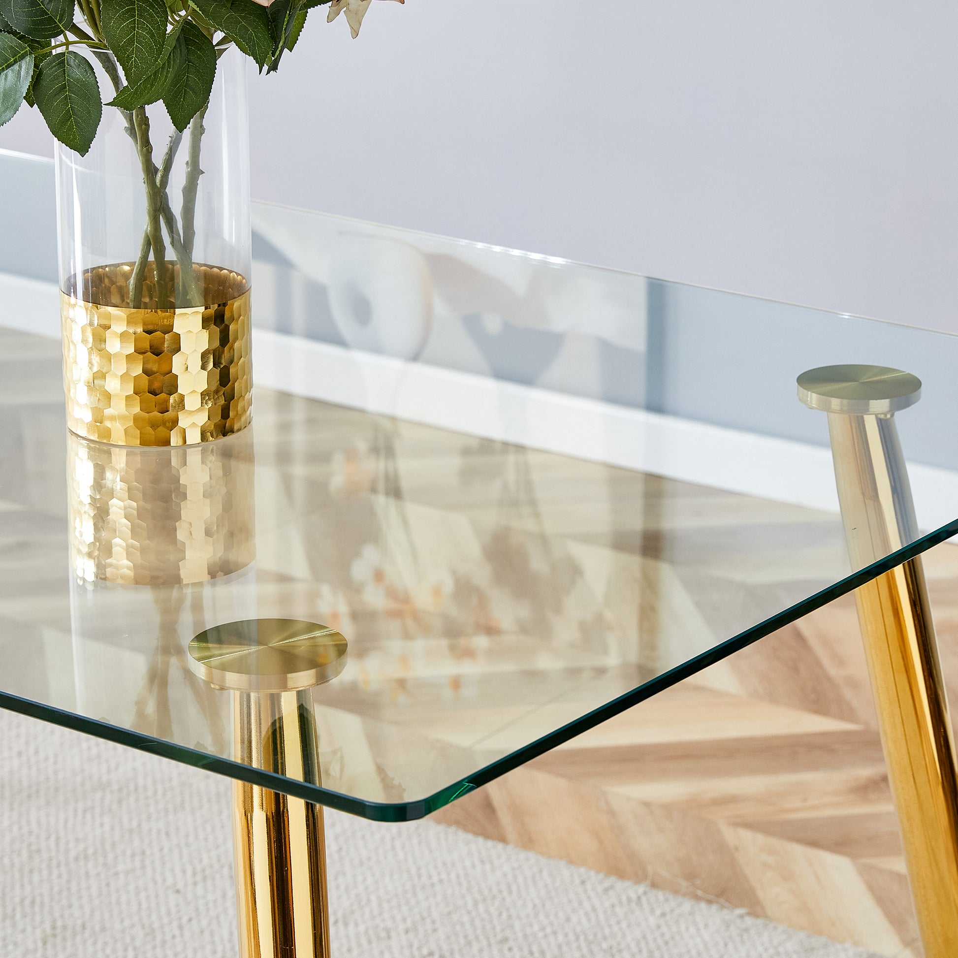 Table And Chair Set.Modern Rectangular Glass Dining Table With A Tempered Glass Tabletop And Metal Legs, Paired With Multiple Chairs Designed With Pu Cushions And Golden Metal Legs. Grey Gold Seats 8 Tempered Glass
