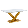 Table And Chair Set, The Table Is Equipped With A Marble Patterned Mdf Tabletop And Gold Table Legs.Dining Chairs,Gold Legged Upholstered Chairs Made Of Artificial Leather. Gold White Seats 6 Mdf