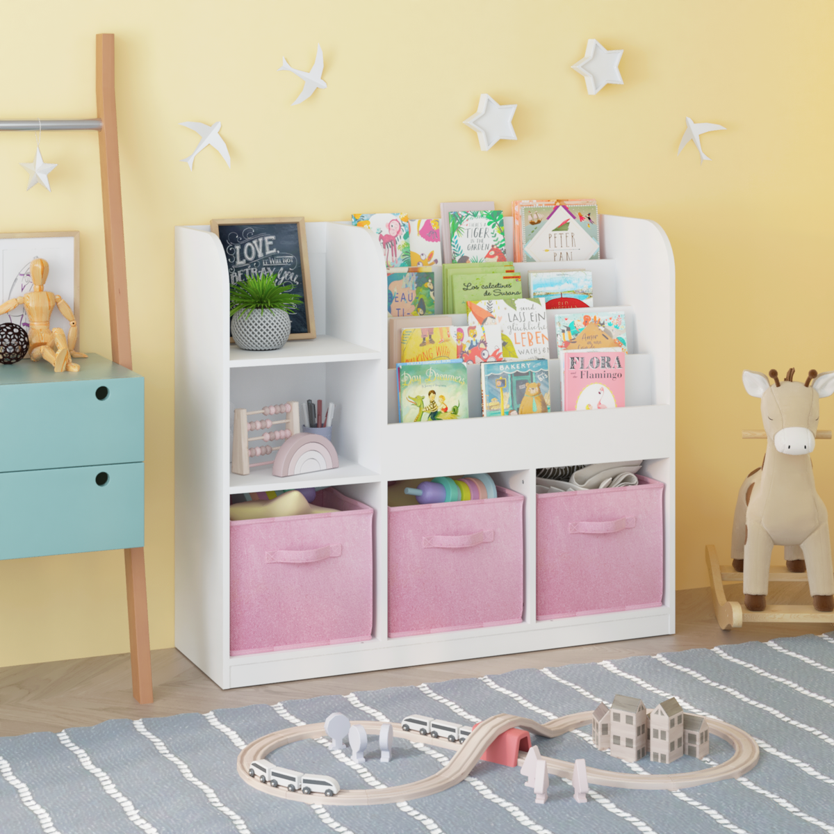 Kids Bookcase And Bookshelf, Multifunctional Bookcase With 3 Collapsible Fabric Drawers, Bookcase Display Stand, Toy Storage Organizer For Bedroom, Playroom, Hallway White Pink White Pink Fabric,Mdf