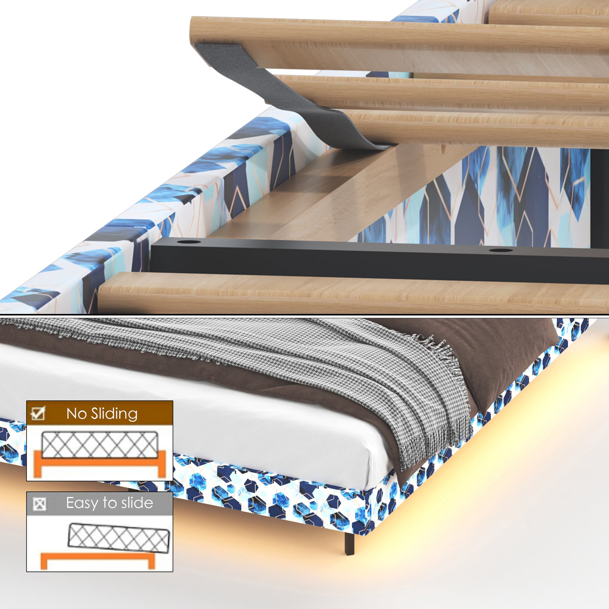 King Floating Bed Frame With Led Light And Charging Station Upholstered Platform Bed Frame King Size With Headboard And Hidden Storage Space, No Box Spring Needed, Blue Box Spring Not Required King Blue Geometry Metal Bedroom Bed Frame Velvet Velvet