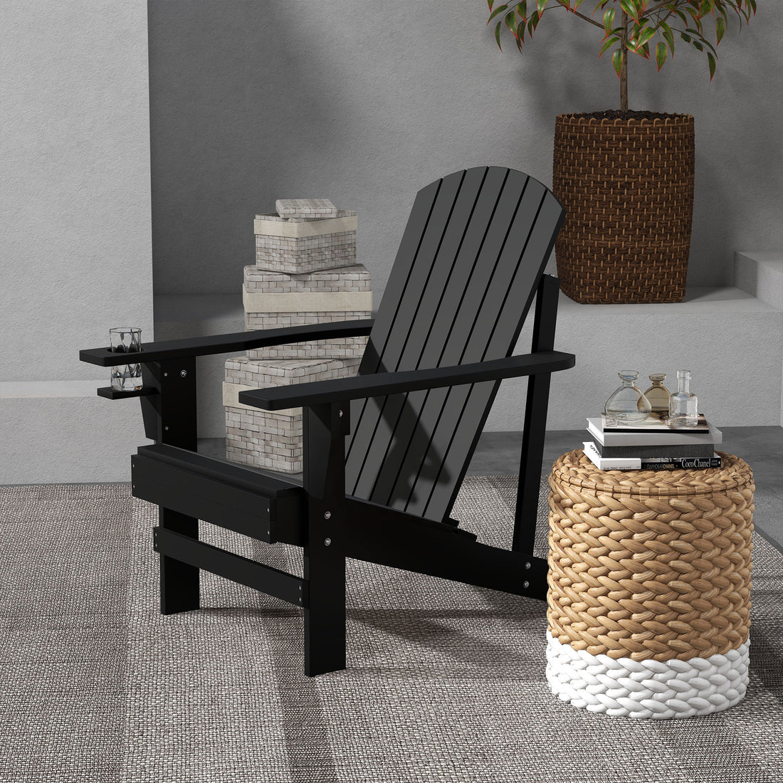 Outsunny Wooden Adirondack Chair, Outdoor Patio Lawn Chair With Cup Holder, Weather Resistant Lawn Furniture, Classic Lounge For Deck, Garden, Backyard, Fire Pit, Black Black Wood