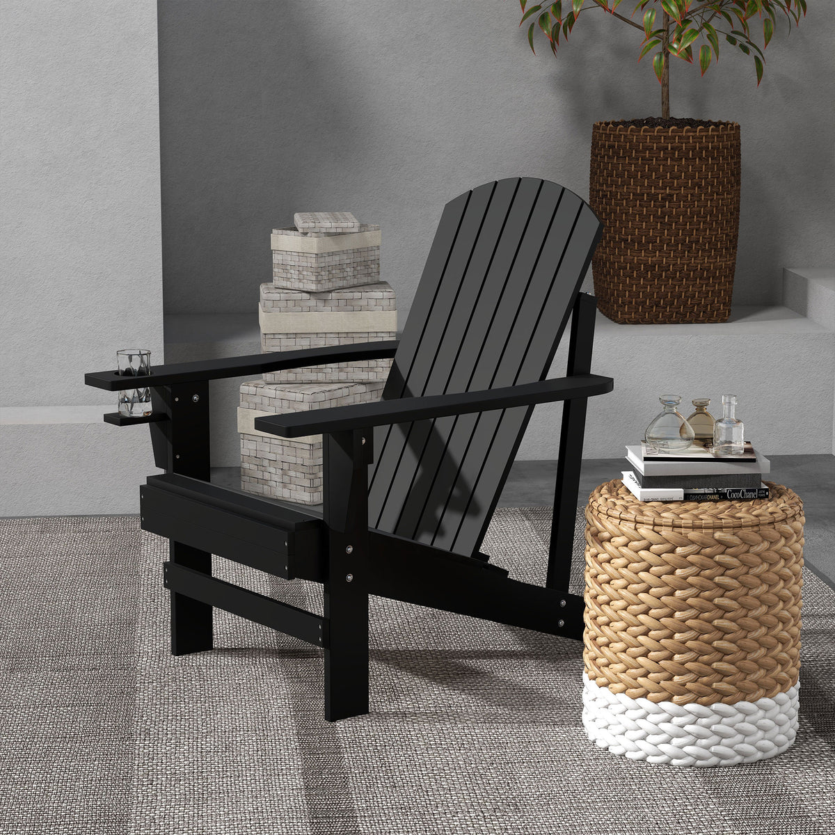 Outsunny Wooden Adirondack Chair, Outdoor Patio Lawn Chair With Cup Holder, Weather Resistant Lawn Furniture, Classic Lounge For Deck, Garden, Backyard, Fire Pit, Black Black Wood